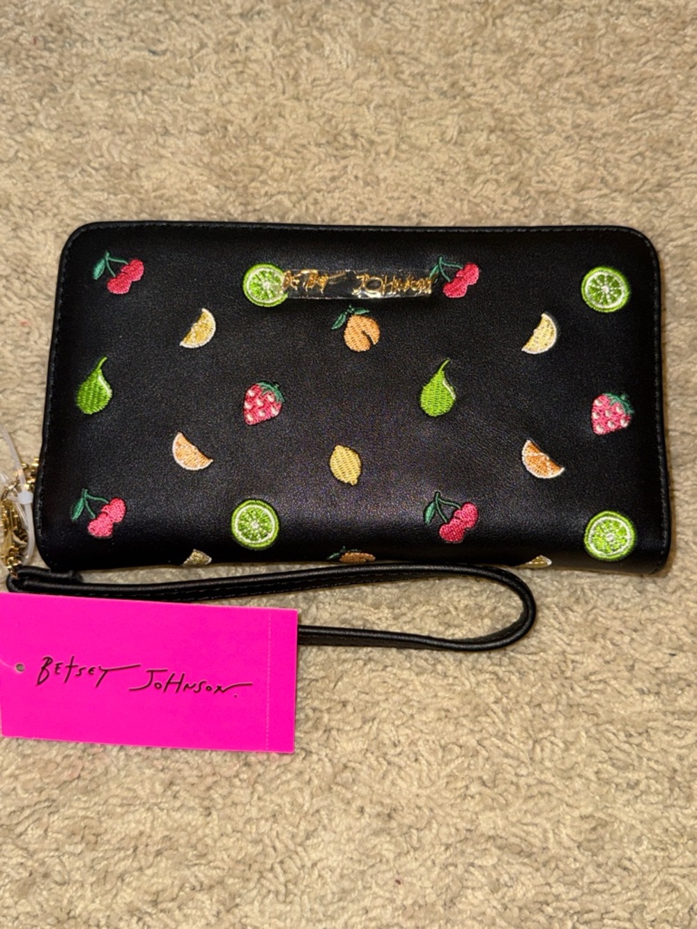 Betsey Johnson Black Faux Leather Fruit Embroidered Wristlet